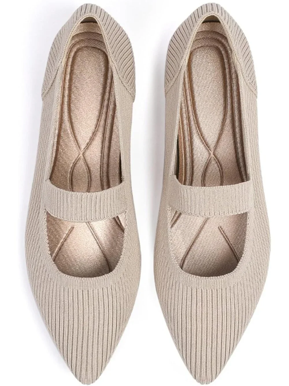 Women's Beige Knit Mary Jane Flats Pointed Toe Pull On Comfortable Flats Shoes